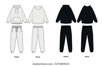 Collection of tracksuits in white and black colors, vector. Vector drawing of a hoodie with a front pocket and joggers. Hooded sweatshirt and drawstring sweatpants, front and back view.