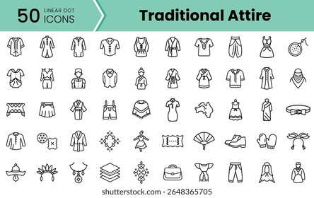 A collection of traditional attire icons, featuring diverse clothing items and accessories in a clean, linear style, ideal for cultural illustrations or fashion design.