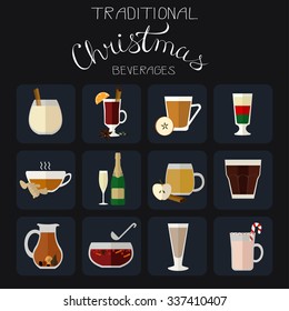 Collection of traditional beverages for Christmas made in flat style.