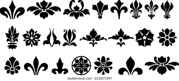 Collection of traditional black Fleur de Lis designs. Sketch hand drawing divider, leaves and flourish design