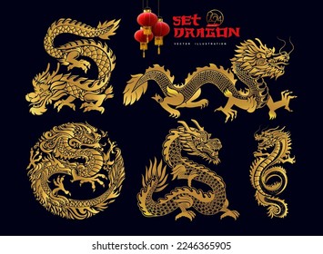 Collection of Traditional Chinese Dragon. Big set of black asian dragons. Happy Chinese New Year 2024 year of the gold dragon zodiac sign with asian elements golden paper cut style. Vector.