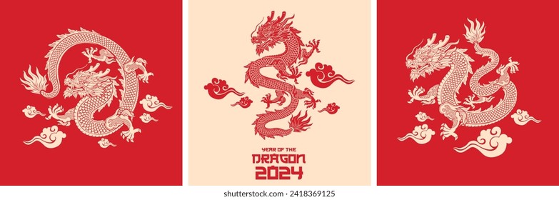 Collection of Traditional Chinese Dragon. Big set of red asian dragons. Happy Chinese New Year 2024 year of the gold dragon zodiac sign with asian elements golden paper cut style