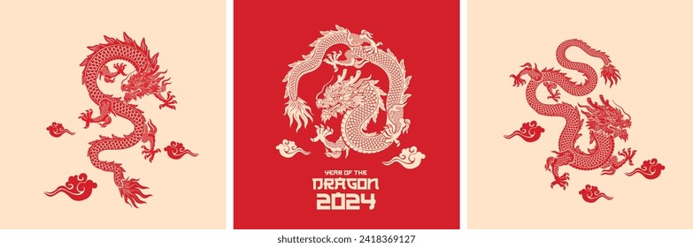 Colección de Dragón Chino Tradicional. Gran grupo de dragones de Asia roja. Feliz Año Nuevo Chino 2024 año del signo del dragón de oro zodiac con elementos asiáticos estilo de corte de papel dorado