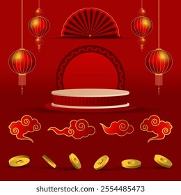 collection of traditional chinese style elements. coins, lanterns, clouds, hand fans, podiums