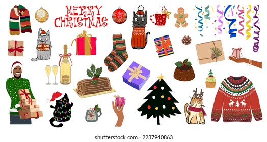 Collection of traditional Christmas elements - gifts, Xmas tree, ugly sweater, hot chocolate, baubles. Set of cute hand drawn Winter Holiday stickers. Vector illustrations isolated on white background