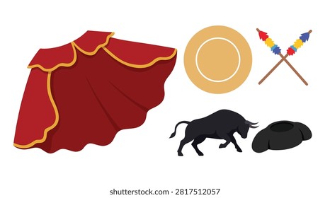A collection of traditional Corrida de toros bullfighting items including a red cape, a charging bull, a bullring, and colorful banderillas, isolated on white.