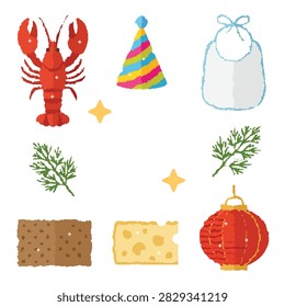 Collection of traditional crayfish party elements in a pixel art style.
