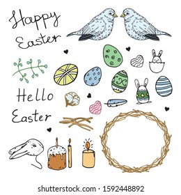 A collection of traditional Easter symbols - eggs, bunny, willow twigs, basket, candles, egg decoration. Vector drawings isolated on white background.