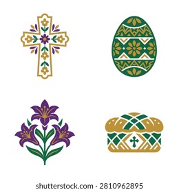 Collection of traditional Easter symbols including decorated cross patterned egg purple lilies and sweet bread loaf