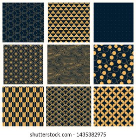 Collection of traditional eastern seamless patterns, golden on dark blue background. Vector illustration. Flat style design. Concept for decorative element, textile print, wallpaper, wrapping paper.