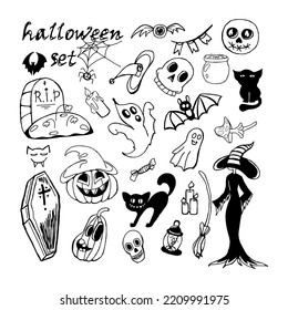Collection of traditional elements for Halloween. Ghost, witch, spider, web, skull, bat, pumpkin, moon, coffin, lantern, cat. Graphic drawing in the doodle tile. Separate isolated element.
