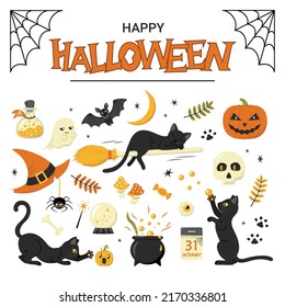 Collection of traditional Halloween elements with cute playful black cats and Happy Halloween lettering. Isolated on white background. Vector objects for traditional event design.