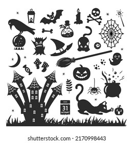 Collection of traditional Halloween silhouette elements with black cat, bat, raven, broom, scary castle, spider, poison, ghost, etc. Isolated on white background. Vector elements for event design.