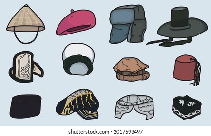 Collection of traditional hats from all over the country.  Flat hat icon.  There are hats typical of Mexico, Indonesia, India, Turkey, Pakistan, Vietnam, and others.