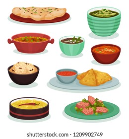 Collection of traditional Indian food, chapati, roti, dahi maach, samosa, palak paneer vector Illustration on a white background