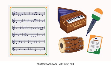 A collection of traditional Indian musical instruments including a harmonium and dholak, alongside a microphone and sheet music.