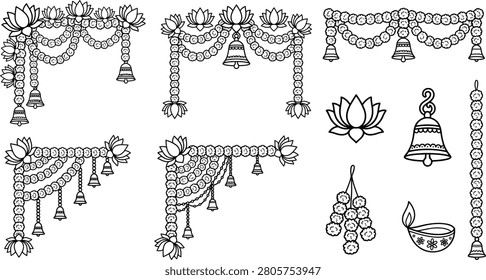 Una colección de decoraciones y símbolos tradicionales de la India, incluyendo guirnaldas, campanas y flores de loto.