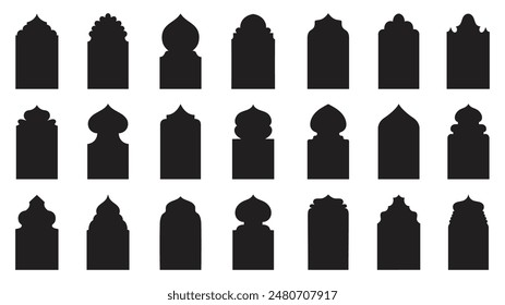 Collection of traditional Islamic window or door shapes.Ramadan shapes. Islam elements of Arab mosque. Door stickers and Arabian arch frame. Muslim oriental silhouette. Oriental window.