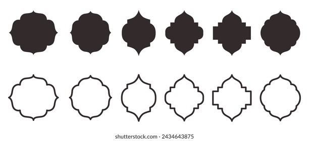 Collection of traditional Islamic window shapes. Set of Mosque Muslim frames in silhouette and outline.