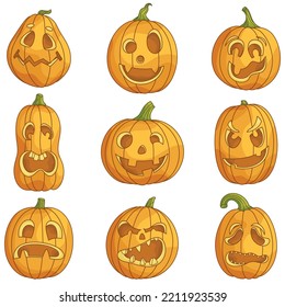 Collection of traditional Jack-o'-lantern pumpkins for Halloween. Set of characters with different facial expressions. Cartoon illustrations for holiday decor. Clipart for card, poster, sticker.