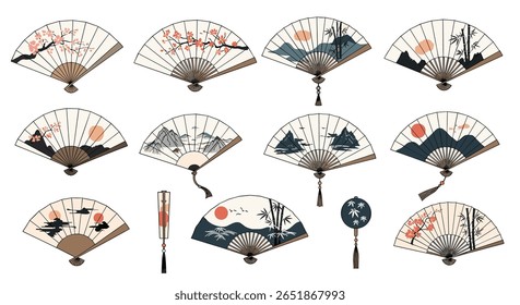 Collection of traditional japanese fans featuring scenic designs and artistic patterns