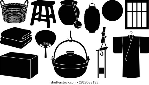 A collection of traditional Japanese household objects shown as clean black silhouette illustrations