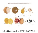 A collection of traditional Korean musical instruments. Korean translation: Name of musical instruments Buk, Gong, Gwaenggwari, Sogo, Jabara, Janggu