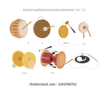 A collection of traditional Korean musical instruments. Korean translation: Name of musical instruments Buk, Gong, Gwaenggwari, Sogo, Jabara, Janggu - Shutterstock ID 2241960761