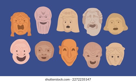 Collection of traditional masks. Vector illustration in flat design. Isolated on blue background.