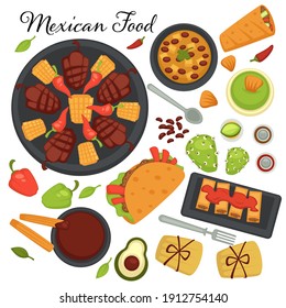 Collection of traditional mexican cuisine recipes and meals. Desserts and appetizers. Taco with spicy ingredients, vegetables and meat on plate. Burrito and avocado sandwich, vector in flat style