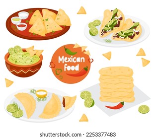 Collection traditional Mexican food Quesadilla, Taco, Empanadas, corn tortillas and guacamole with nachos. Isolated vector illustrations latin national american cuisine for culinary theme design