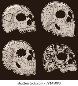 Collection of traditional mexican sugar skulls for the Day of the Dead or Dia de los Muertos