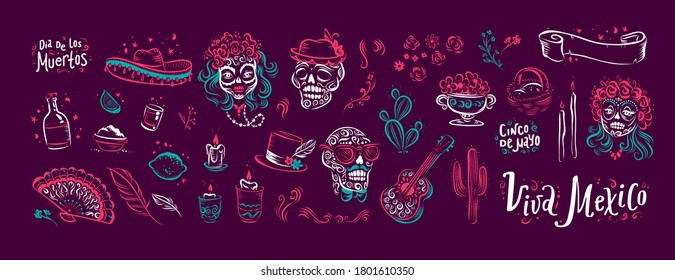 Colección de México tradicional, muertos elementos decorativos, calaveras, flores, velas, abanico de manos, sombrero sombrero sombrero mexicano, cactus de guitarra aislados. Estilo retro vintage dibujado a mano. Ilustración vectorial.