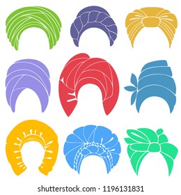Collection. Traditional national headdress, turban. Knitted scarf. Logo, symbol, scheme. Graphic image. Set of vector illustrations.
