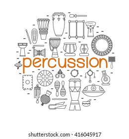 Collection of traditional percussion instruments arranged in circle with big orange word percussion in a center.