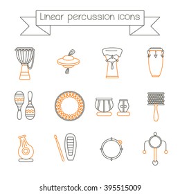 Collection of traditional percussion instruments in black and orange colors. Linear icons set.