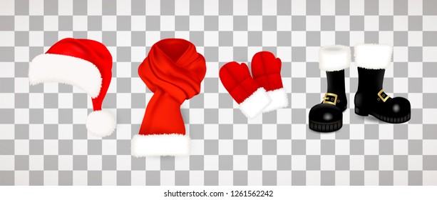 Collection of traditional red Santa Claus clothes, hat with fluffy fur pompon, scarf with snow, mittens and black boots isolated on transparent background. Vector illustration