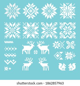 A collection of traditional Scandinavian patterns for Christmas, New Year or winter design. Vector illustration. Knitting winter pixel pattern.