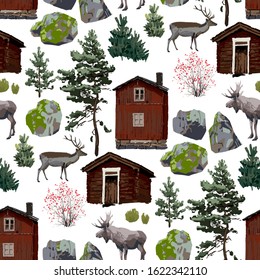 Collection of traditional scandinavian wooden houses, coniferous trees, reindeers, moose and stones. Vector repeated seamless pattern