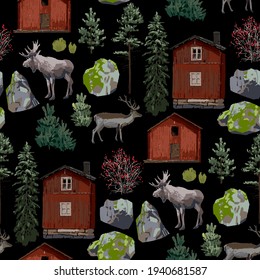 Collection of traditional scandinavian wooden houses, coniferous trees, reindeers, moose and stones. Vector repeated seamless pattern