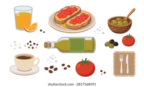 A collection of traditional Spanish breakfast items including toast with tomato, olives, olive oil, coffee, and orange juice.