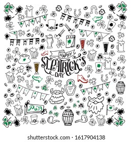 Collection of traditional St. Patrick's day symbols. vector set of flags, beer mugs, clover, pub decorations, leprechaun hat, pot with gold coins. Vector illustration isolated on white background