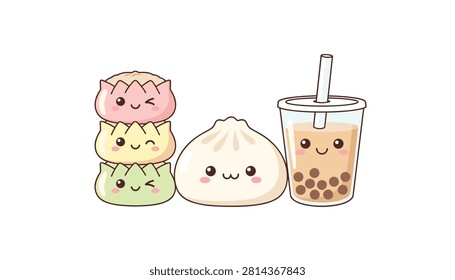 Collection of traditional steamed dumplings and a refreshing bubble tea drink with cute smiling faces.