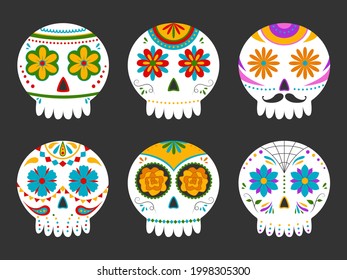 Collection of traditional sugar Mexican skull. Day of the dead skull. Vector illustration isolated on dark background