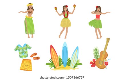 Collection of Traditional Symbols of Hawaiian Culture, Beautiful Girls Dancing in Traditional Costume Vector Illustration