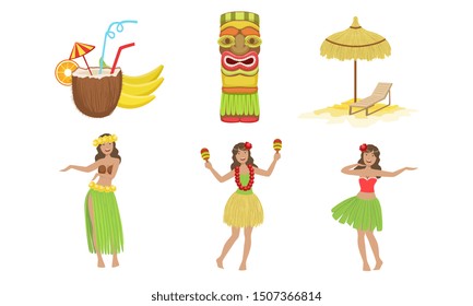 Collection of Traditional Symbols of Hawaiian Culture, Coconut Cocktail, Tiki Mask, Straw Umbrella, Beautiful Girls Dancing in Traditional Costume Vector Illustration