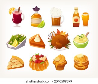 Collection of traditional Thanksgiving day family dinner foods dishes and alcohol beverages. Colorful cute isolated vector images of meals and sweet desserts.