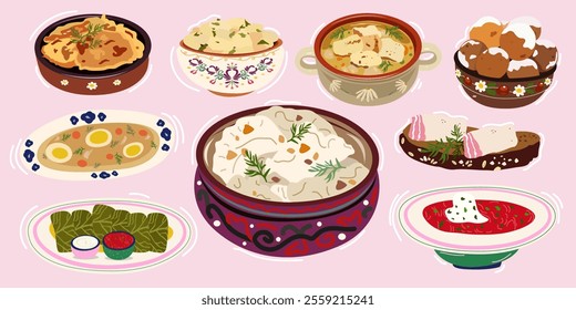 Collection of Traditional Ukrainian cuisine. A set of Ukrainian national dishes for the Christmas table. Cartoon flat vector food stickers