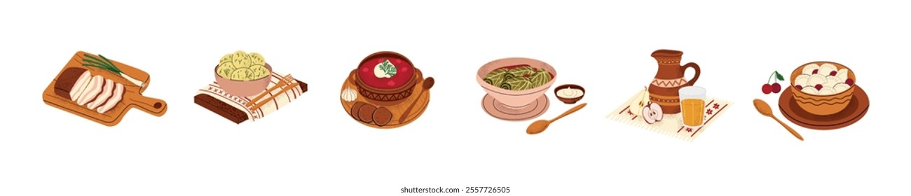 Collection of traditional Ukrainian dishes: borscht, cabbage rolls, varenyky with cherry, uzvar, salo, potatoes with dill. Cuisine of Ukraine. Rustic, authentic flat vector design on white background.