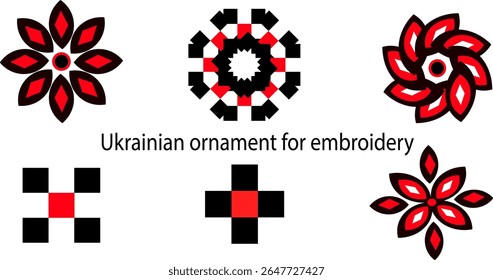 A collection of traditional Ukrainian embroidery design elements, including floral motifs and rhombuses in classic red and black colors. Ideal for DIY cross-stitch, folk art, textile design, cultural 